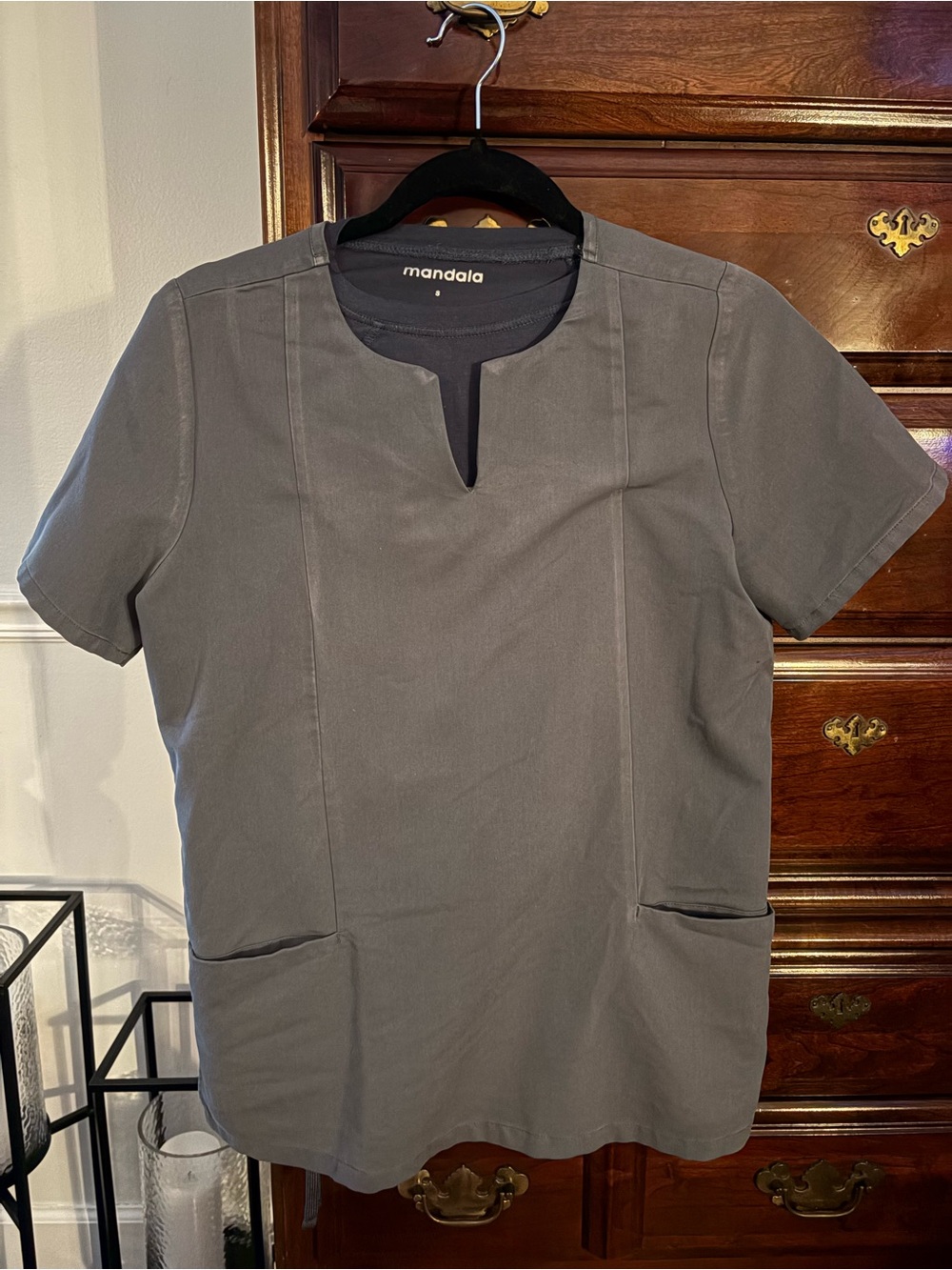 Mandala Scrub Set. Women's Short Sleeve Notch Neck Scrub Top in Gray